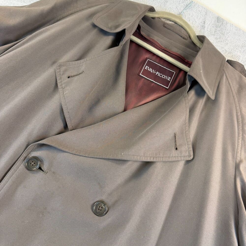 Vintage Evan Picone Trench Coat Fully Lined Men 46R Double Breasted Brown Wool